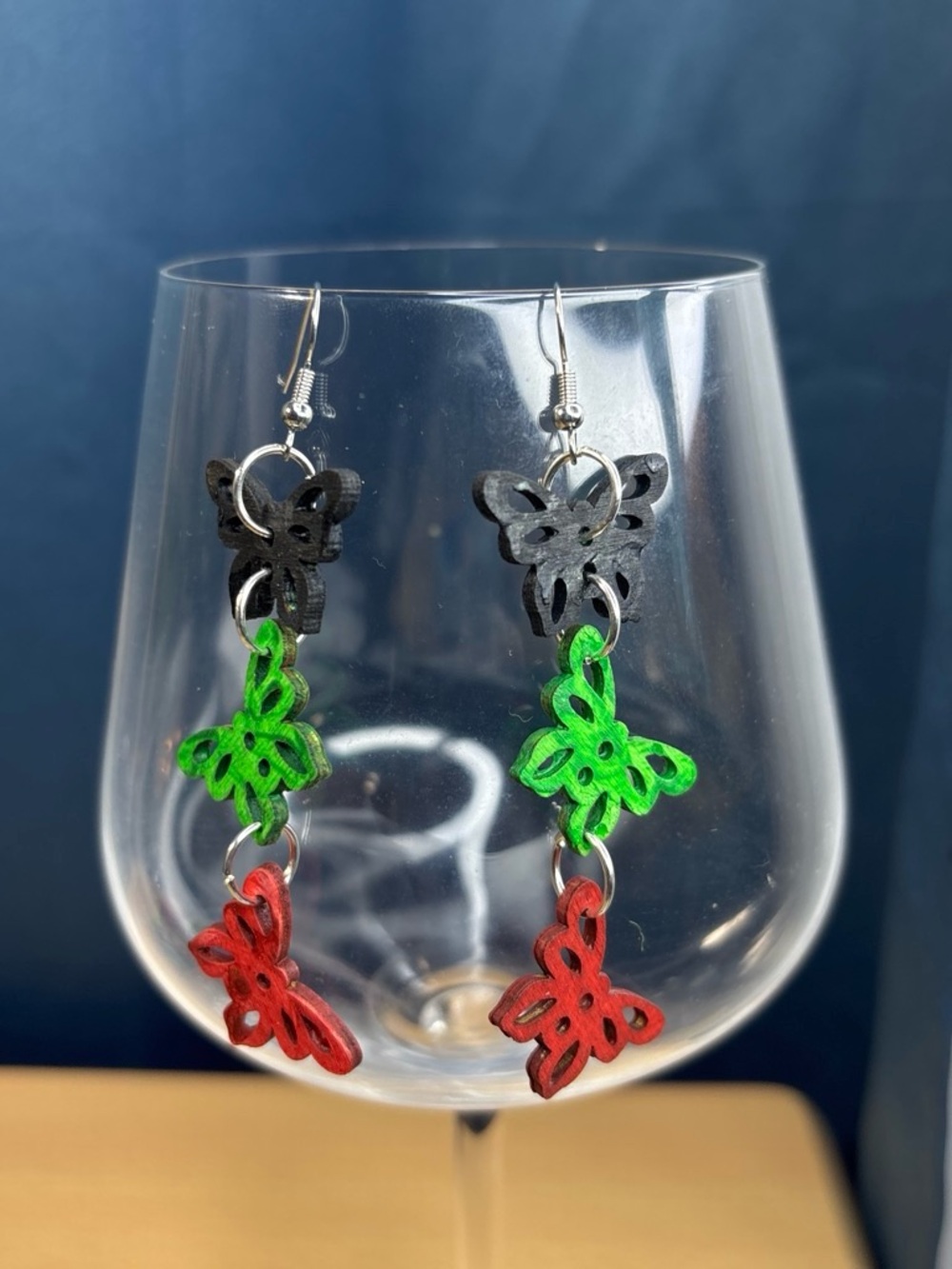 Handcrafted Triple Butterfly Dangle Earrings in Black, Green, Red